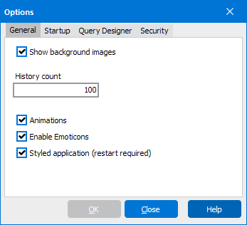 This image is the Options dialog which contains General, Startup, Query Desinger, and Security tabs.